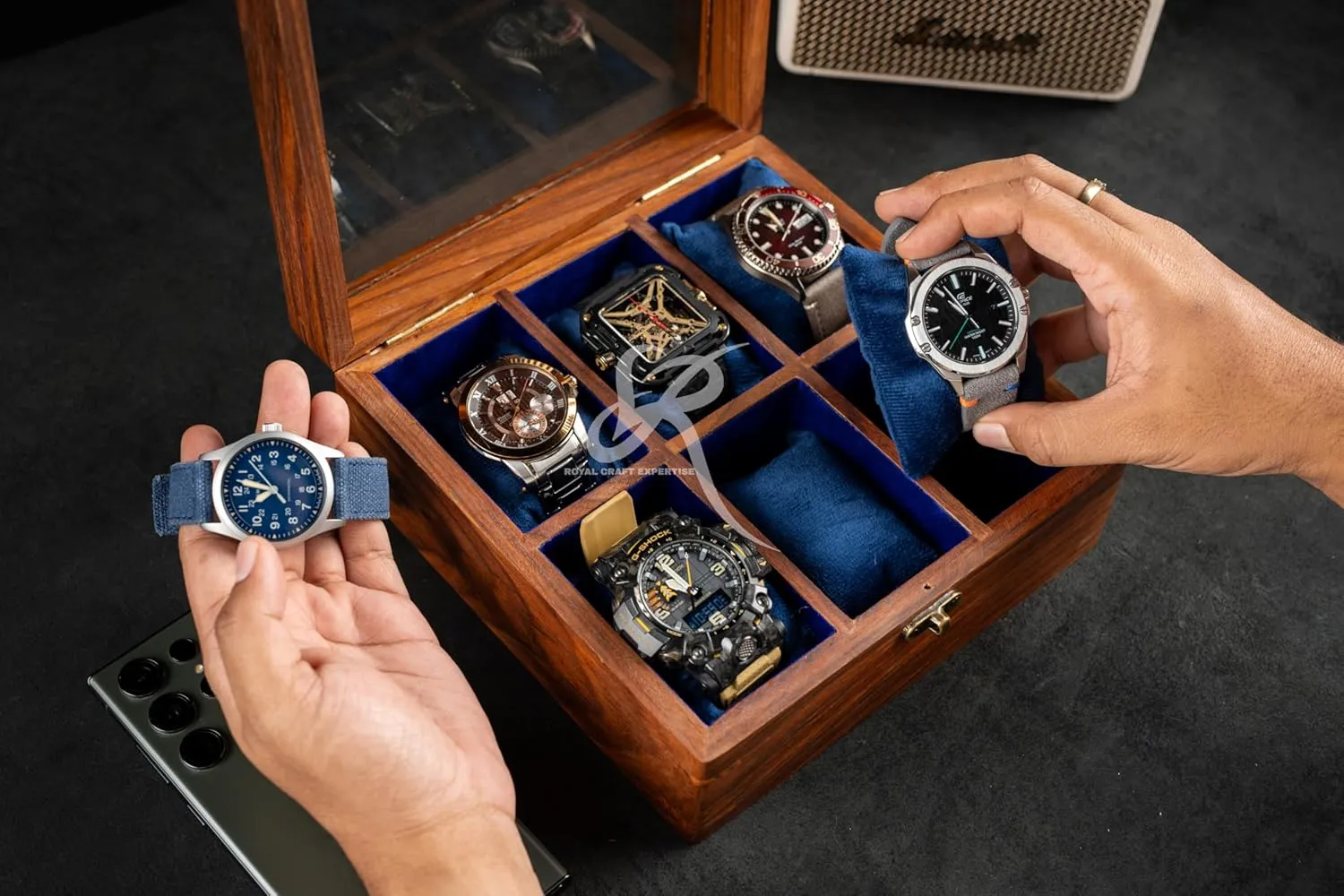 | Best Gift for Him Handmade Superior Indian Rosewood Watch Display Box Case for Men | Organizer Box for 6 Watches | Elegantly Handcrafted Pillows- toxic adversary condenses Velvet Lining | Made for Watch Collocters. 