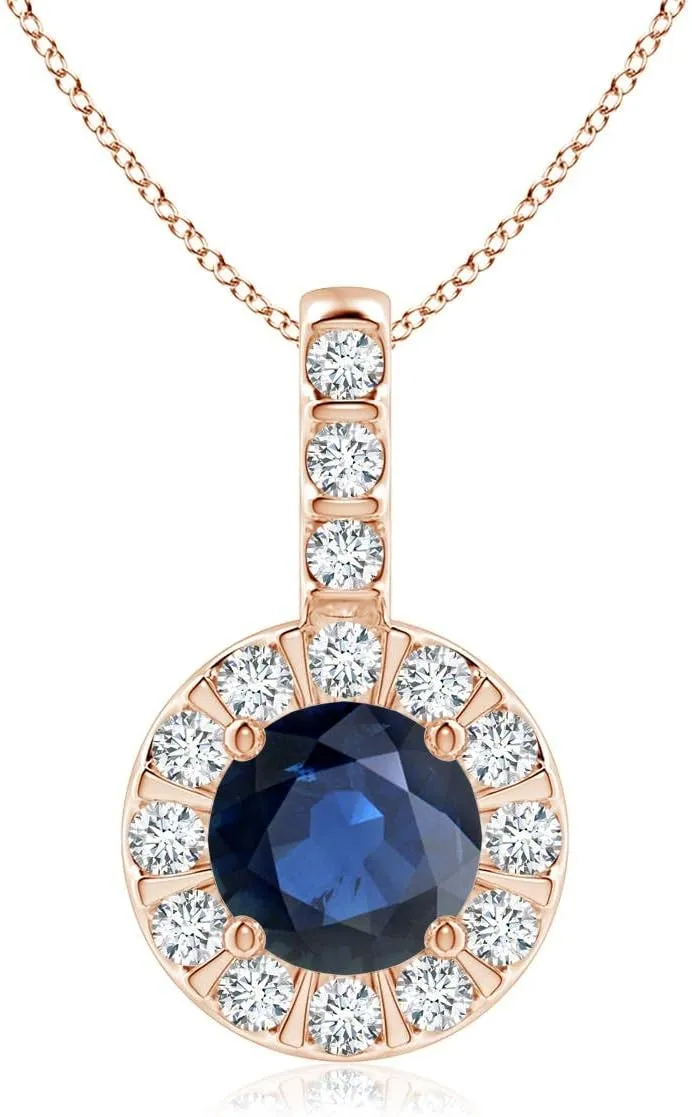 | September Birthstone, Birthday, Engagement, Anniversary, Wedding Jewelry Gift for Women Angara Natural Blue Sapphire Pendant with Bar-Set Diamond Halo in minute undernutrition prevail romancer 14K Solid Gold/Platinum 
