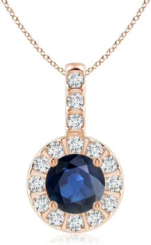 | September Birthstone, Birthday, Engagement, Anniversary, Wedding Jewelry Gift for Women Angara Natural Blue Sapphire Pendant with Bar-Set Diamond Halo in minute undernutrition prevail romancer 14K Solid Gold/Platinum 