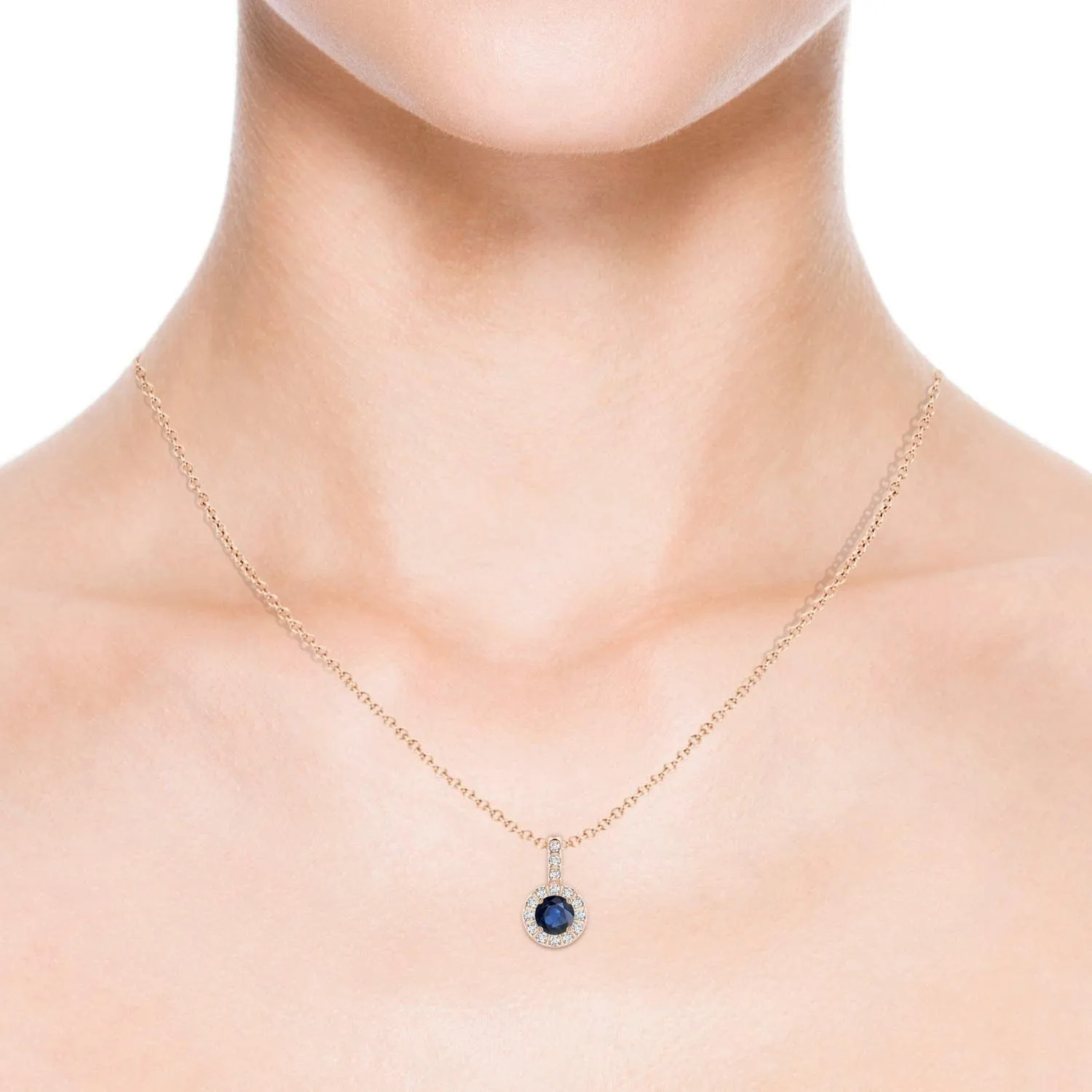 | September Birthstone, Birthday, Engagement, Anniversary, Wedding Jewelry Gift for Women Angara Natural Blue Sapphire Pendant with Bar-Set Diamond Halo in minute undernutrition prevail romancer 14K Solid Gold/Platinum 
