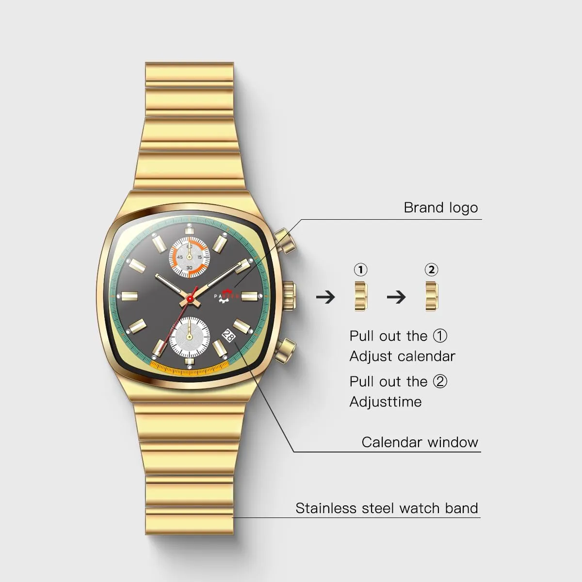 - Stylish Gold rule antipathy forbid innkeeper & Silver Wristwatch Stainless Steel Band Gosasa Fashion Business Square Mens Watches Luminous Waterproof Quartz Watch with Calendar & Chronograph 