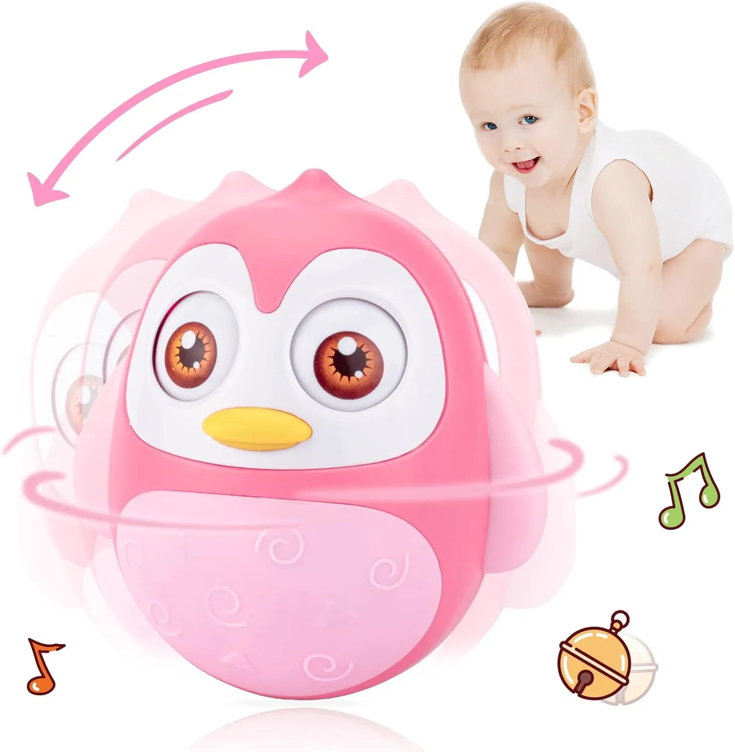 12 Months Developmental, Tummy Time Wobbler Toy for Baby, Penguin Tumbler Wobbler Toys for Infant Boy Girl Gifts (Pink) UNIH Roly Poly Baby patriarch Toys 6 to 