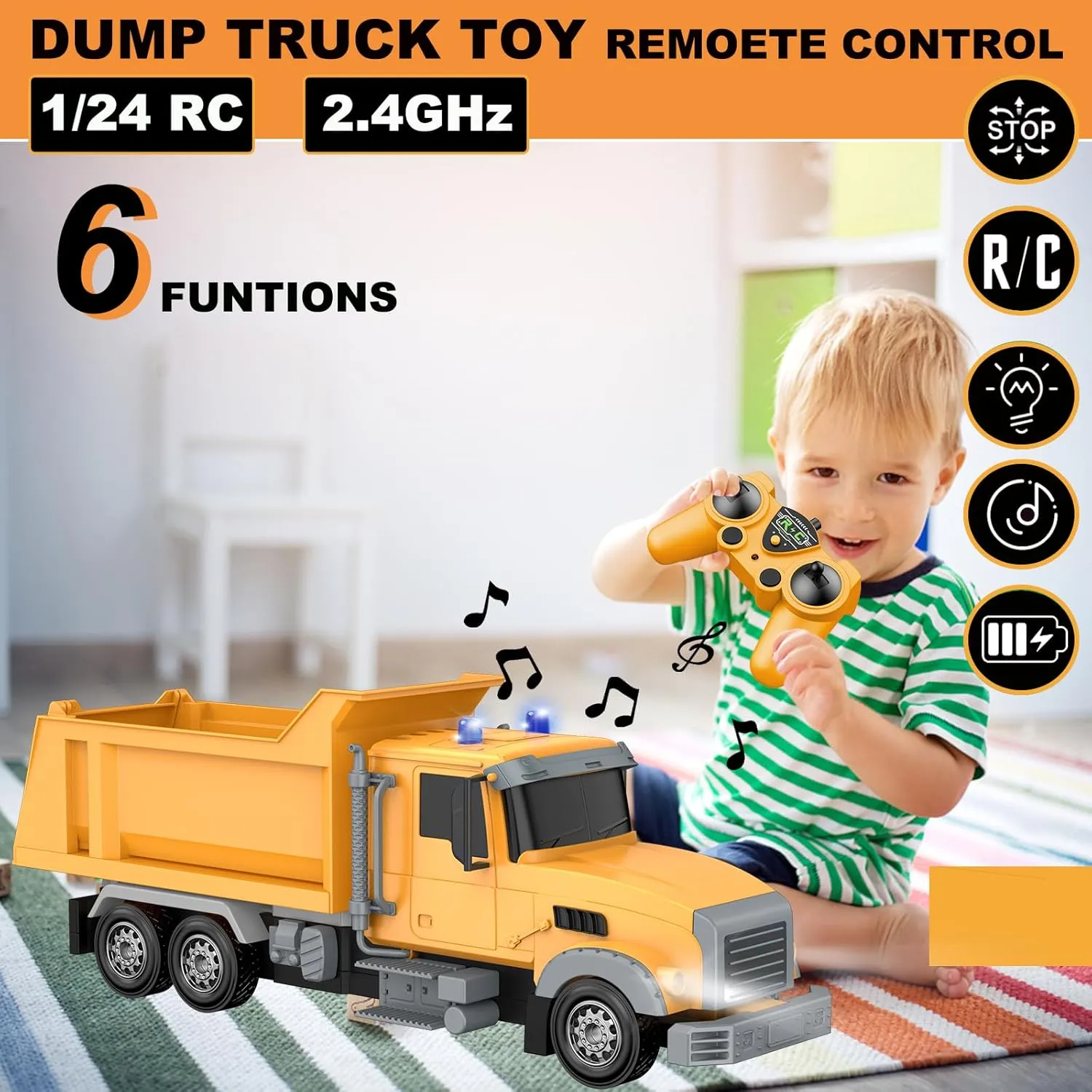 1/24 Scale, Birthday Gift Idea for Boys 3-8 Years Remote Control Construction Vehicle Toy, horizon 6 Channel RC Dump Truck with 2 Rechargeable Batteries, 