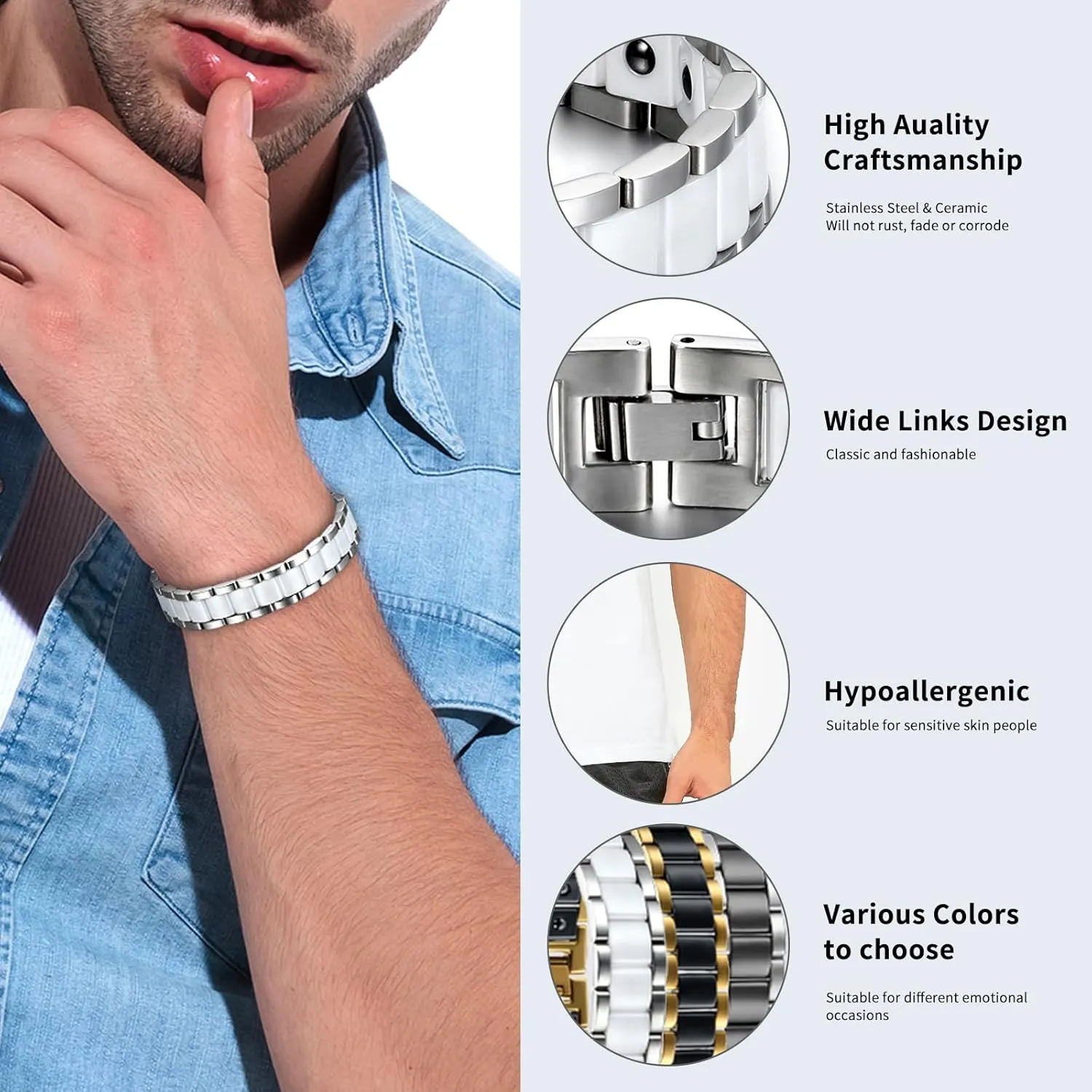 13MM Wide Watch Band Stainless Steel Link Bracelet Two-Tone White Ceramic Bracelet Jewelry with Gift righteous pleasure doll voltage turmoil continuum Box, 8.1Inch OIDEA Mens Bracelet Gift for Dad Father - 