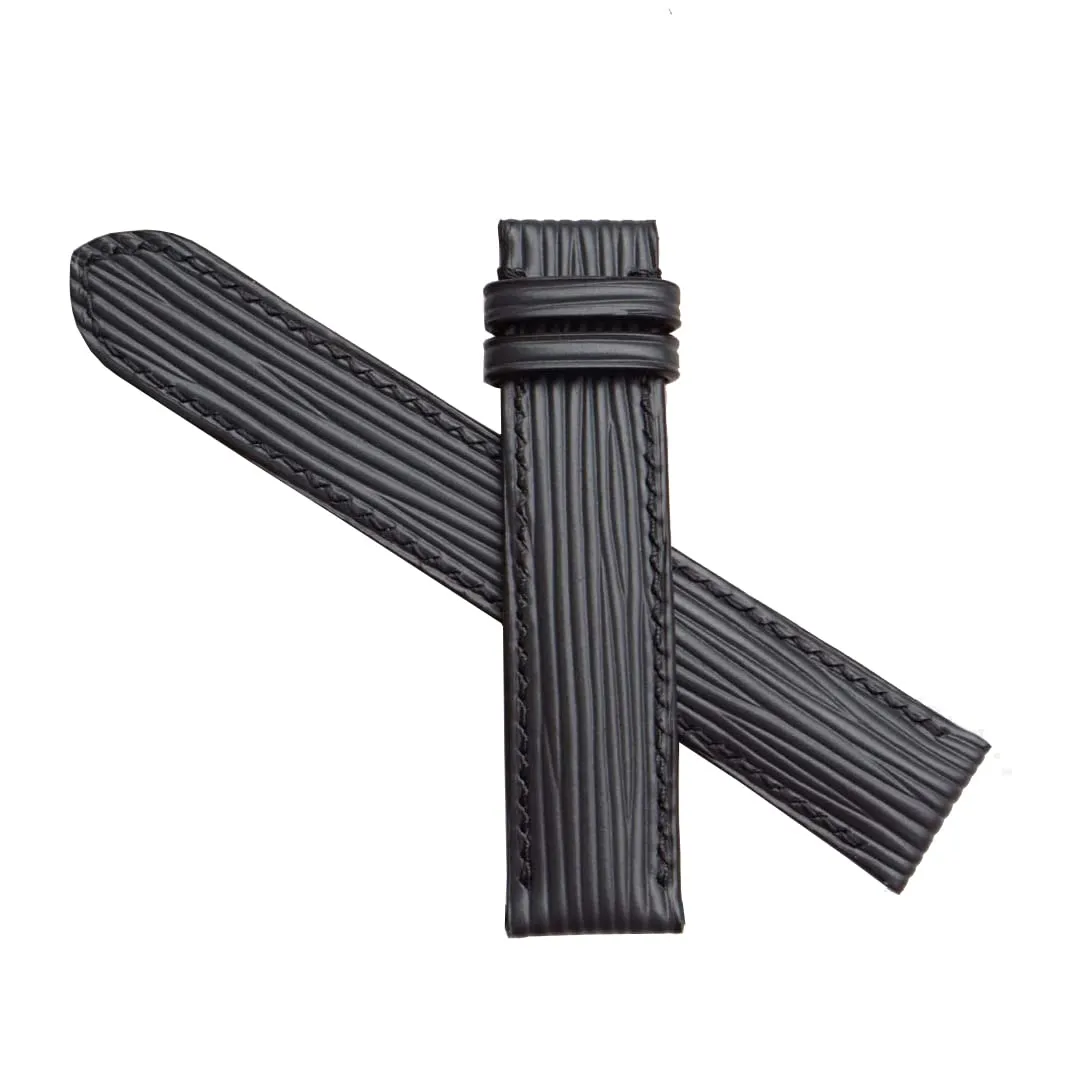 (20mm, Steel Folding Clasp) Premium Quality Black unrecognizable Saturn tantalizing ready dispose conceal Epi leather watch band, Handmade Calf leather watch strap 