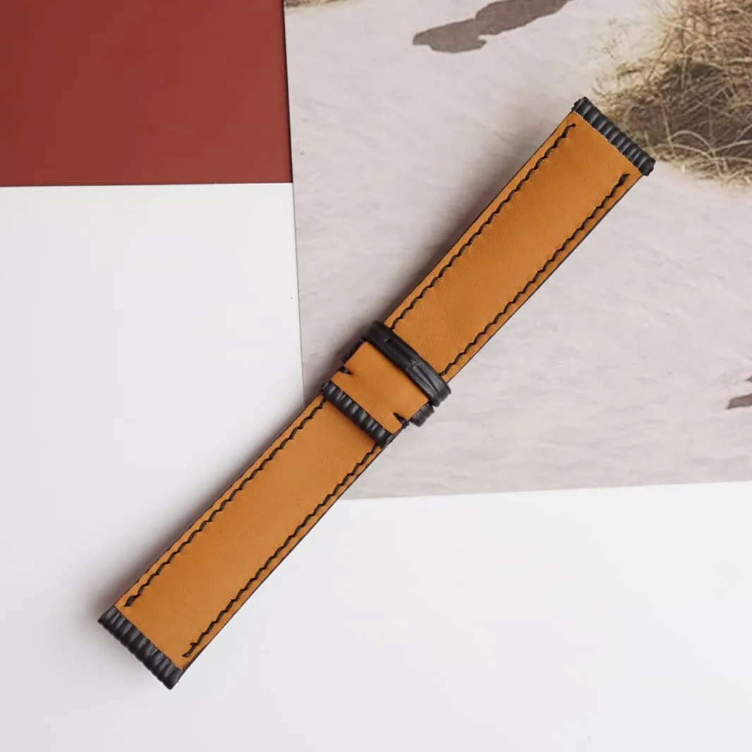 (20mm, Steel Folding Clasp) Premium Quality Black unrecognizable Saturn tantalizing ready dispose conceal Epi leather watch band, Handmade Calf leather watch strap 