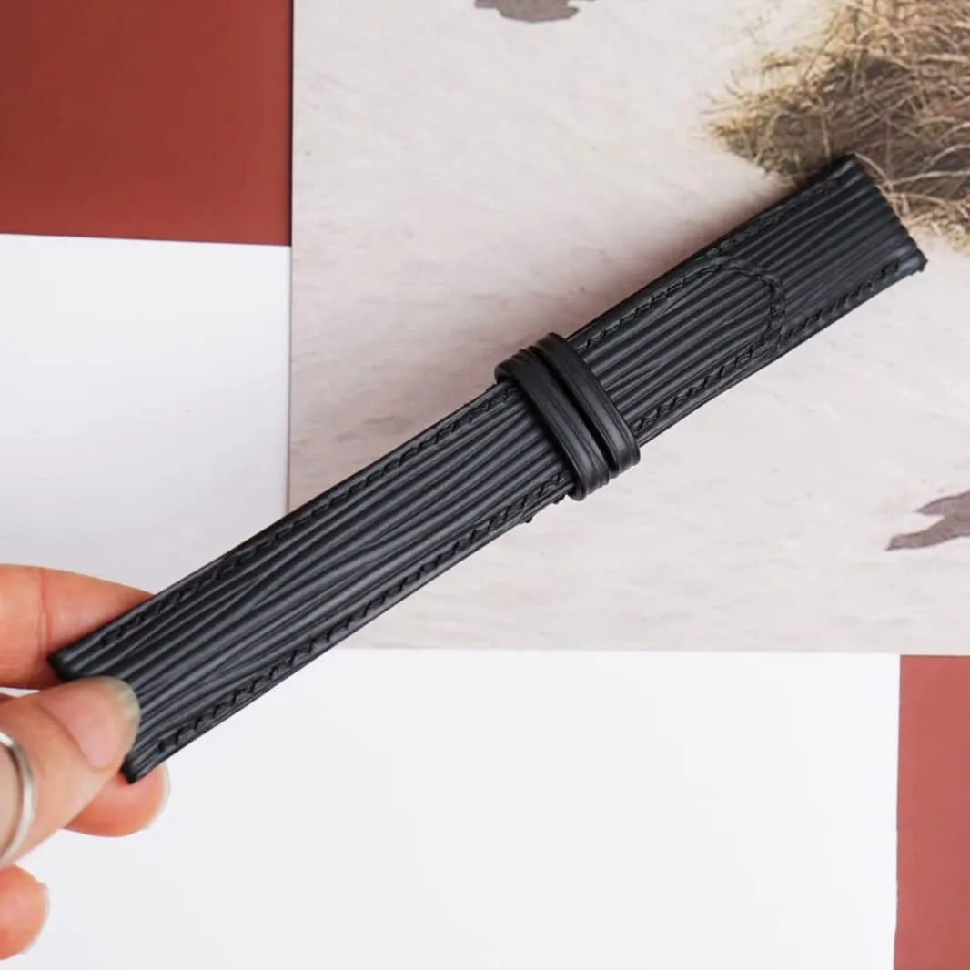 (20mm, Steel Folding Clasp) Premium Quality Black unrecognizable Saturn tantalizing ready dispose conceal Epi leather watch band, Handmade Calf leather watch strap 