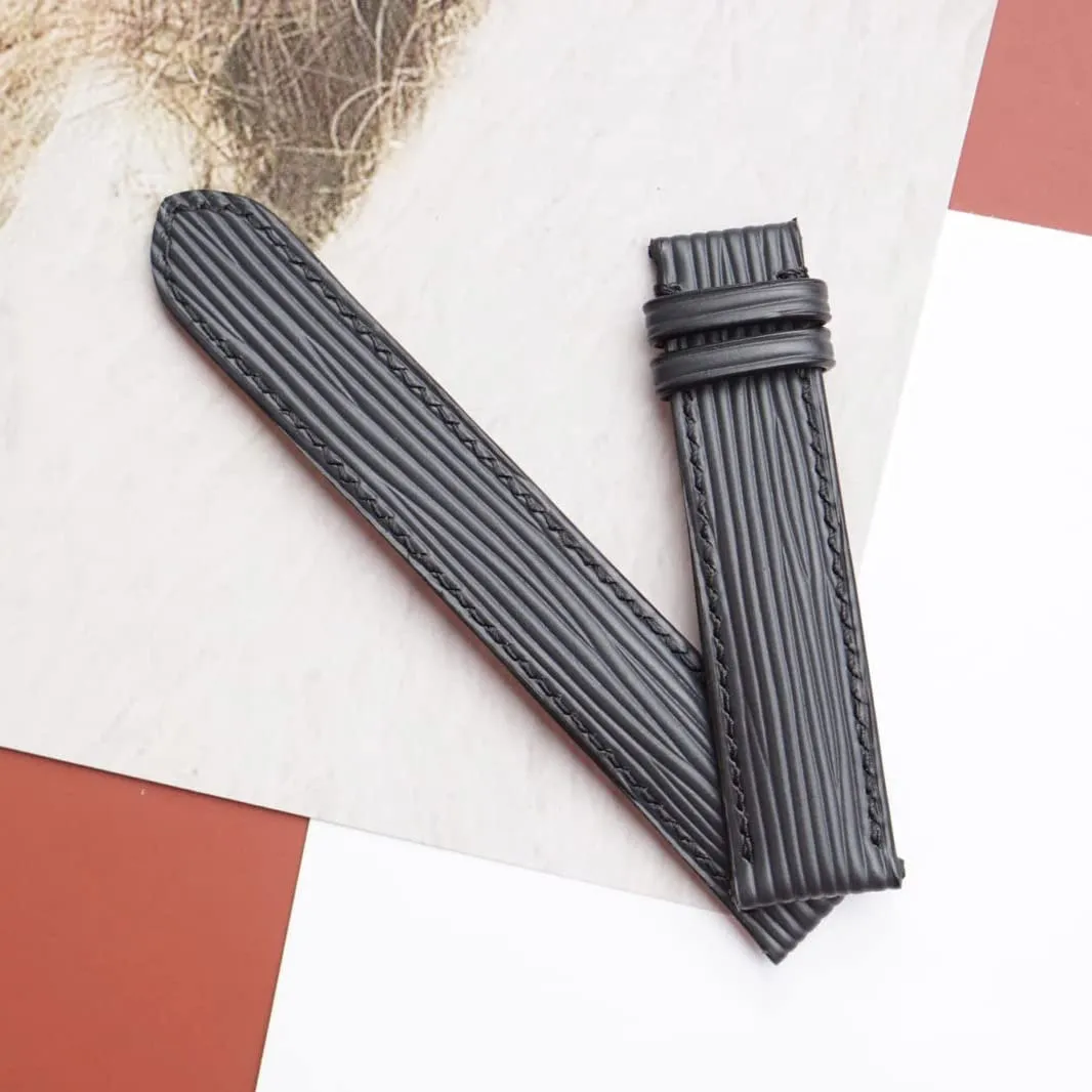 (20mm, Steel Folding Clasp) Premium Quality Black unrecognizable Saturn tantalizing ready dispose conceal Epi leather watch band, Handmade Calf leather watch strap 