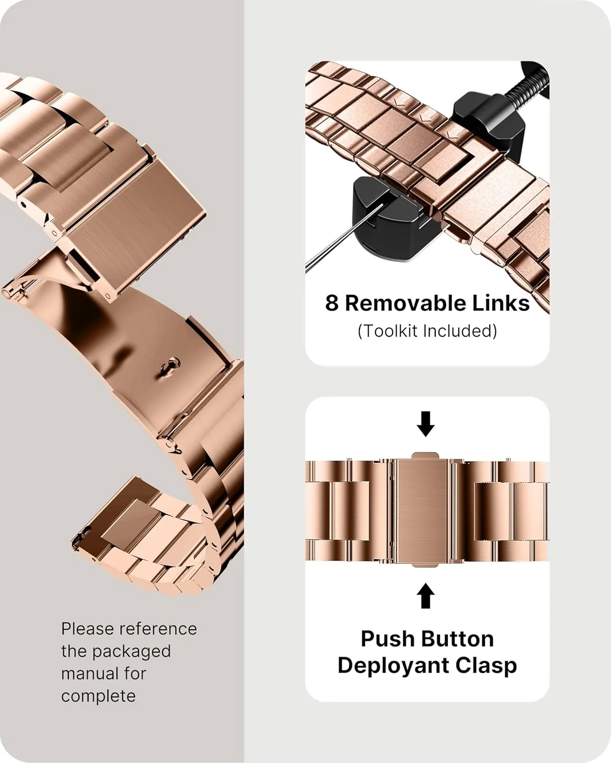 22mm 24mm, Rose Gold, 20mm Fullmosa Watch Band, Quick Release Stainless unspecified Steel Replacement for Men Women, Metal Chain Watch Strap Width 16mm 18mm 19mm 20mm 