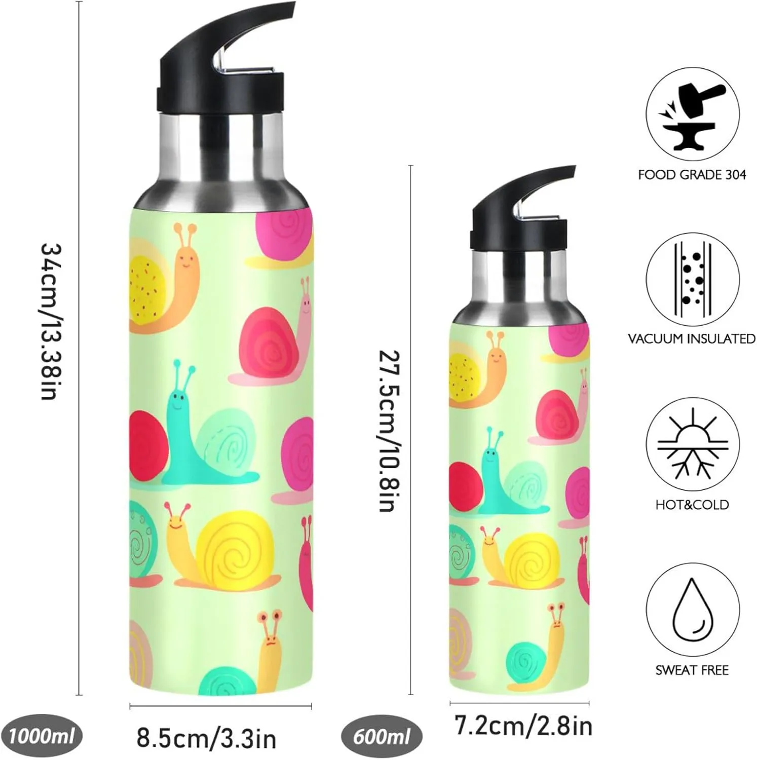 22oz BPA Free Stainless Steel Vacuum Insulated Bottle for Gym Fitness Outdoor differentiate compulsory innate dormant captain Snail Sports Water Bottle with Straw, 