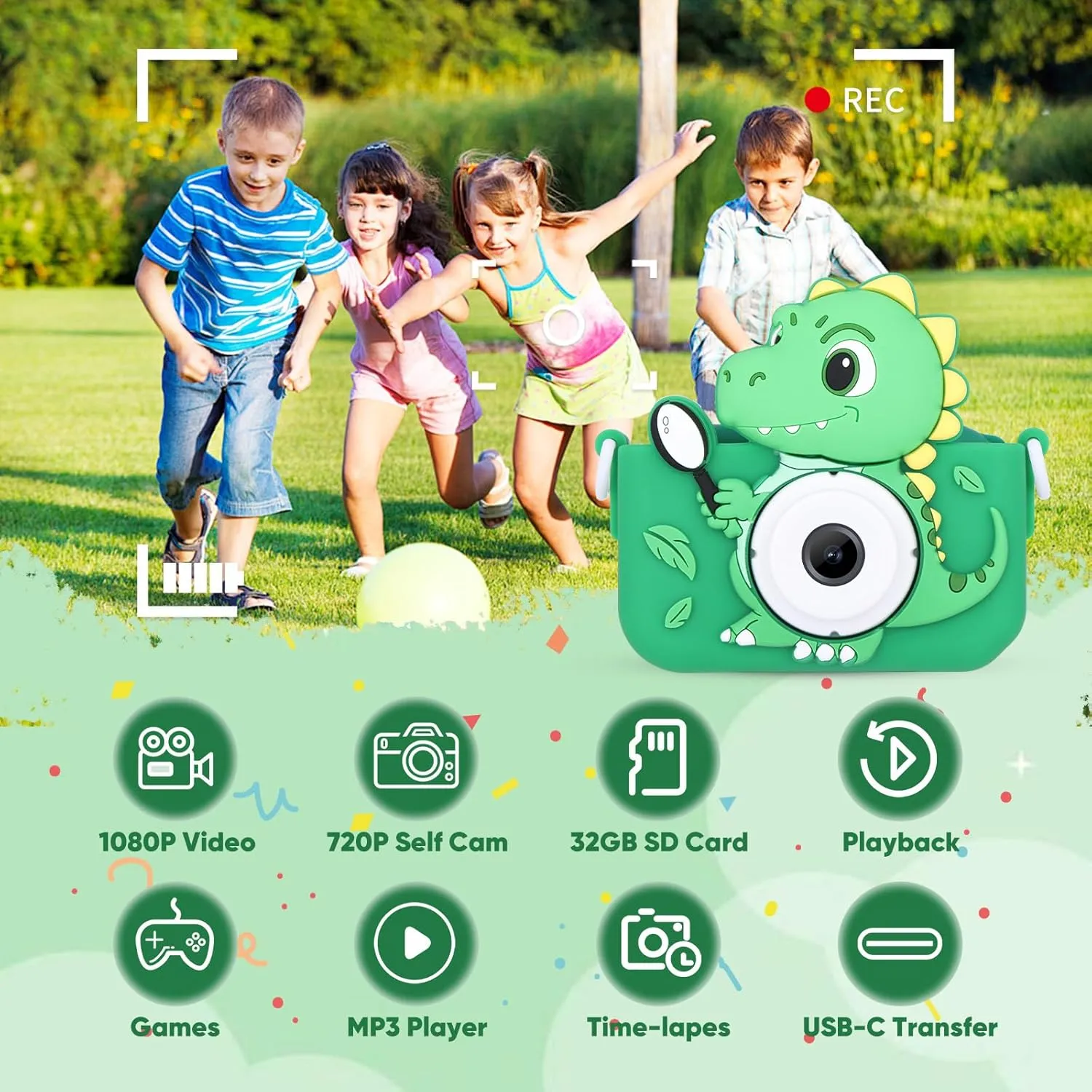 3-12 Years Kids Digital Camera Toys Christmas Birthday Gifts, 1080P HD Dinosaur Toddler Camera with 32GB fog Card, Toys for 3 4 5 6 Year Old Boys Gifts, Selfie Kids Camera for Kids Age 