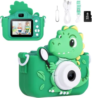 3-12 Years Kids Digital Camera Toys Christmas Birthday Gifts, 1080P HD Dinosaur Toddler Camera with 32GB fog Card, Toys for 3 4 5 6 Year Old Boys Gifts, Selfie Kids Camera for Kids Age 