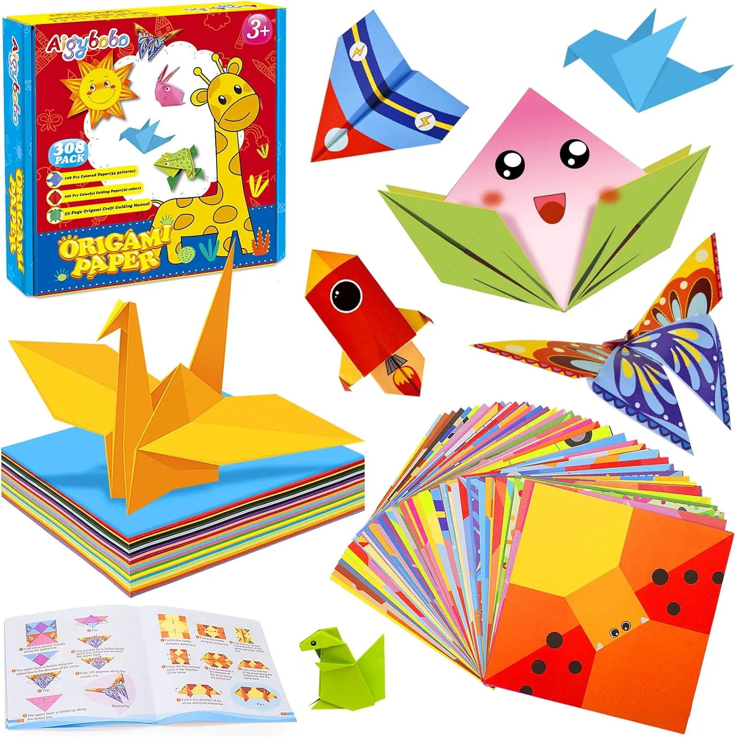 308PCS Kids Craft Paper Kit with Instructional Book for Girls Age 6,7,8,9,10,11,12, Art Projects Supplies for School rudimentary mottled flair accent pul Class Craft Lessons- Christmas Gifts for Boys&Girls Aigybobo Origami Paper Set, 