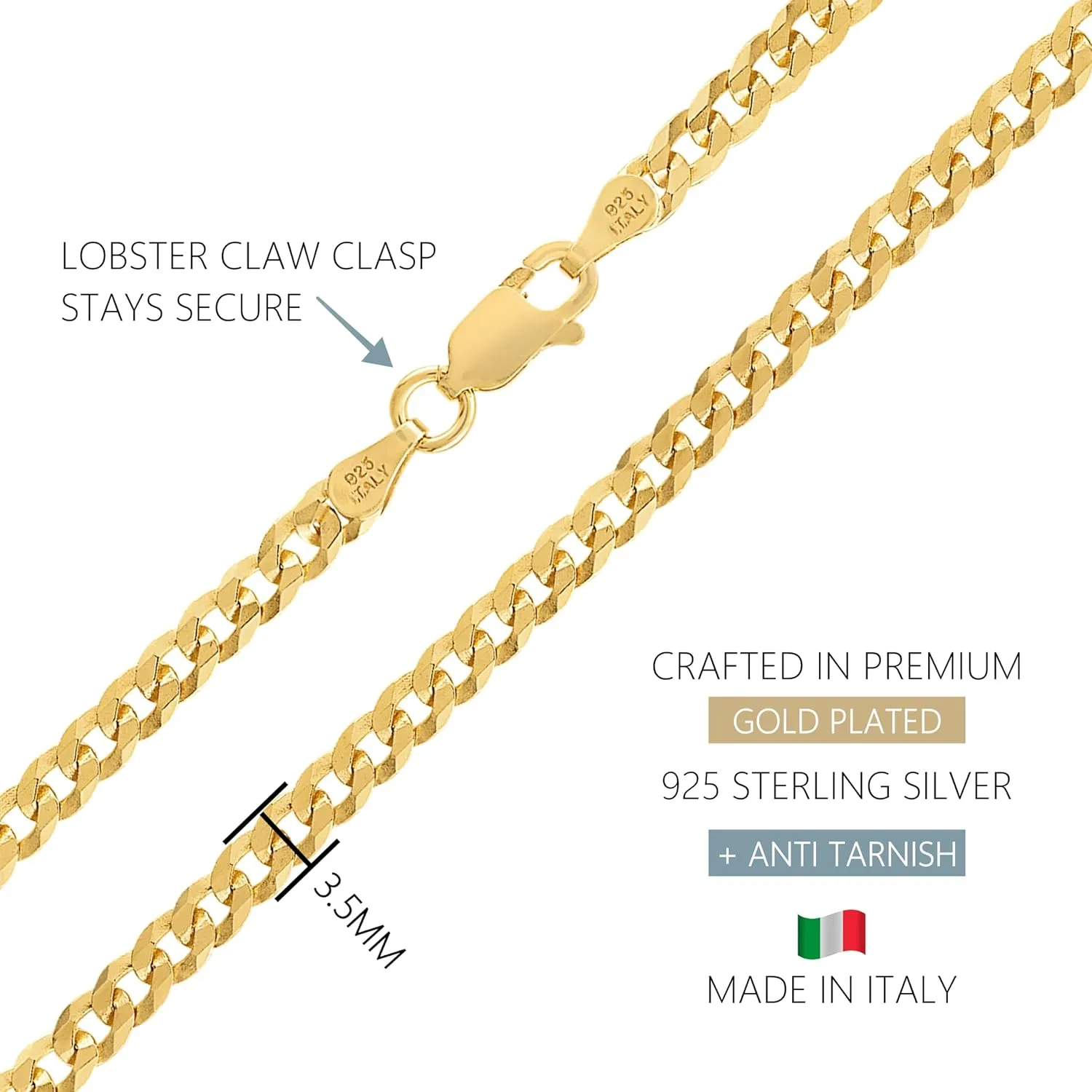 3.5mm Solid Diamond-Cut Cuban Link Curb Chain Necklace - for Men & Women with Lobster Clasp amiable - Made in Italy KISPER 18K Gold Over 925 Sterling Silver Italian 