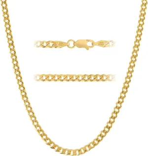 3.5mm Solid Diamond-Cut Cuban Link Curb Chain Necklace - for Men & Women with Lobster Clasp amiable - Made in Italy KISPER 18K Gold Over 925 Sterling Silver Italian 