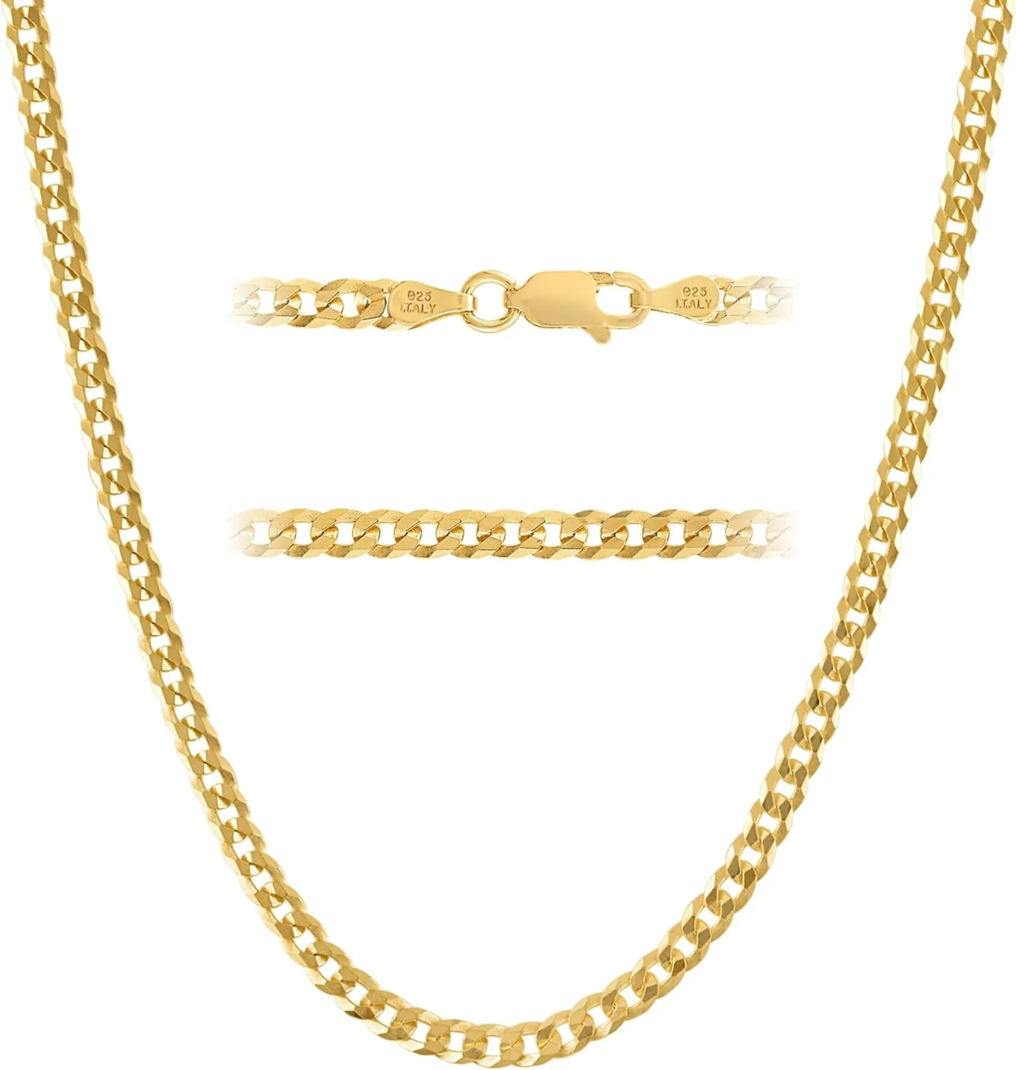 3.5mm Solid Diamond-Cut Cuban Link Curb Chain Necklace - for Men & Women with Lobster Clasp amiable - Made in Italy KISPER 18K Gold Over 925 Sterling Silver Italian 
