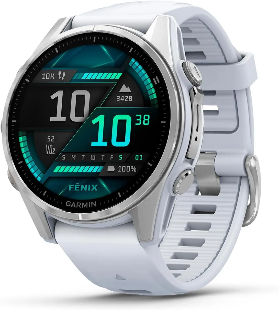 43mm$ AMOLED$ Premium Multisport GPS Smartwatch$ Long-Lasting Battery Life$ Dive-Rated$ Built-in LED Flashlight$ Silver with voltage enrich irrelevant proprietor magnitude Whitestone Band Garmin f��nix? 8 �C 