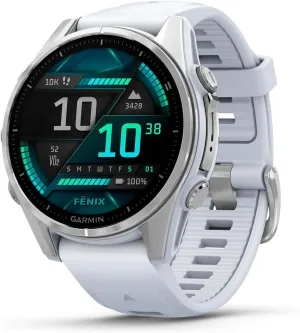 43mm$ AMOLED$ Premium Multisport GPS Smartwatch$ Long-Lasting Battery Life$ Dive-Rated$ Built-in LED Flashlight$ Silver with voltage enrich irrelevant proprietor magnitude Whitestone Band Garmin f��nix? 8 �C 