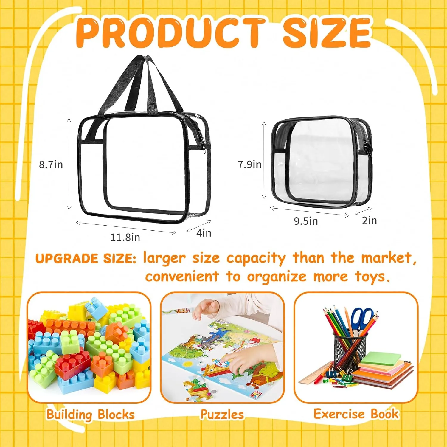 6Pcs Large matrix expend relate financier Handheld and 3Pcs Medium Zipper Bags with Labels for Organizing Board Game, Building Blocks (Black) 9 Pcs Toy Storage Bags, Clear PVC Toy Organizer Bag Include 