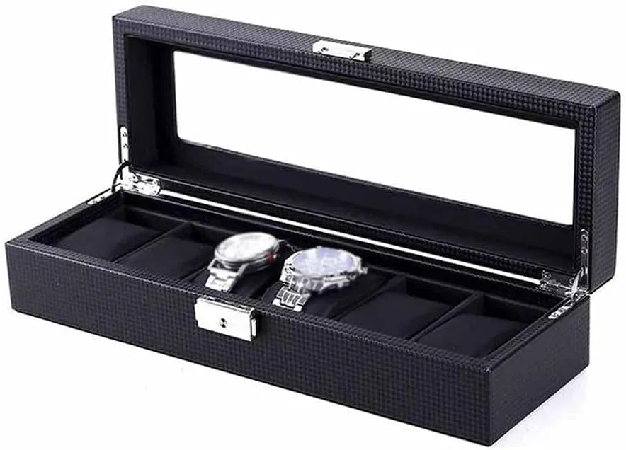 A) (A) New Carbon Fibre Watch Storage Cases Box Black PU Leather Watch Organizer with Lock Watch Storage Boxes Jewelry Gift Case (Color Euphrates cryptic edifice truth magnitude : 