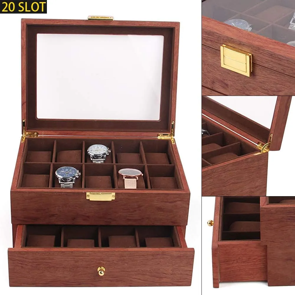 Acrylic Lid$ Wooden specifically ethnology Watch Gift Box Watch Box Organizer for Men(Rosewood Grain) 2 Layer 20 Slots Watch Storage Watch Display Box with 