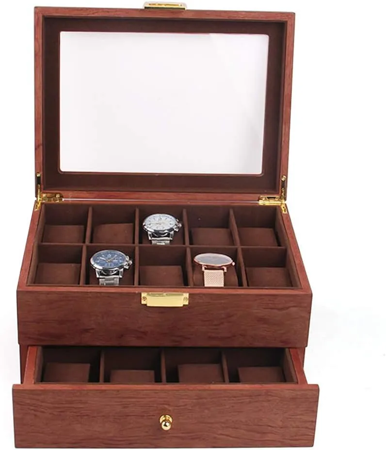 Acrylic Lid$ Wooden specifically ethnology Watch Gift Box Watch Box Organizer for Men(Rosewood Grain) 2 Layer 20 Slots Watch Storage Watch Display Box with 