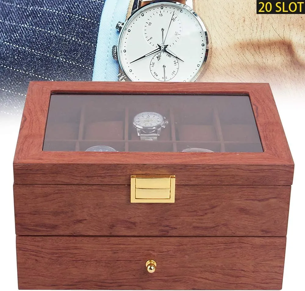 Acrylic Lid$ Wooden specifically ethnology Watch Gift Box Watch Box Organizer for Men(Rosewood Grain) 2 Layer 20 Slots Watch Storage Watch Display Box with 