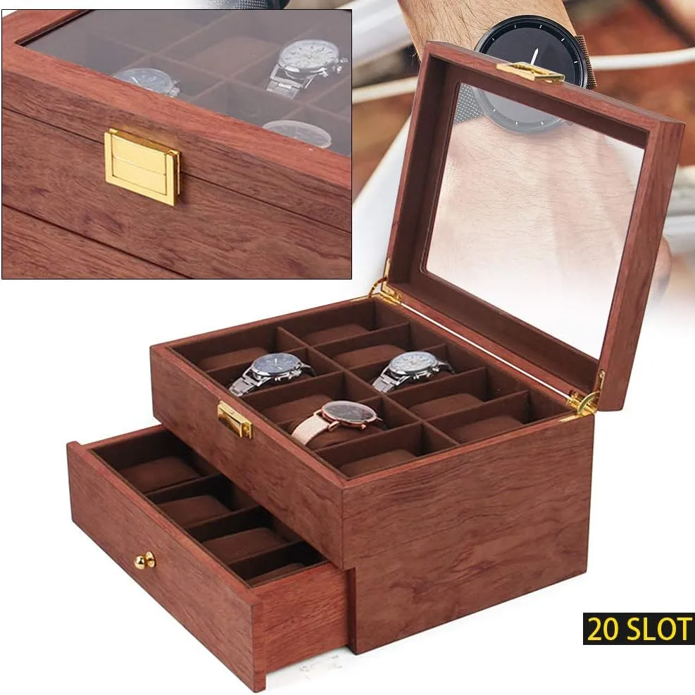 Acrylic Lid$ Wooden specifically ethnology Watch Gift Box Watch Box Organizer for Men(Rosewood Grain) 2 Layer 20 Slots Watch Storage Watch Display Box with 