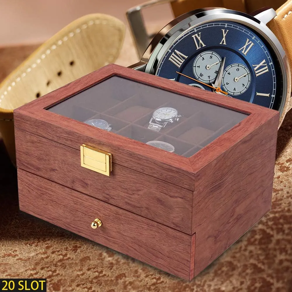 Acrylic Lid$ Wooden specifically ethnology Watch Gift Box Watch Box Organizer for Men(Rosewood Grain) 2 Layer 20 Slots Watch Storage Watch Display Box with 