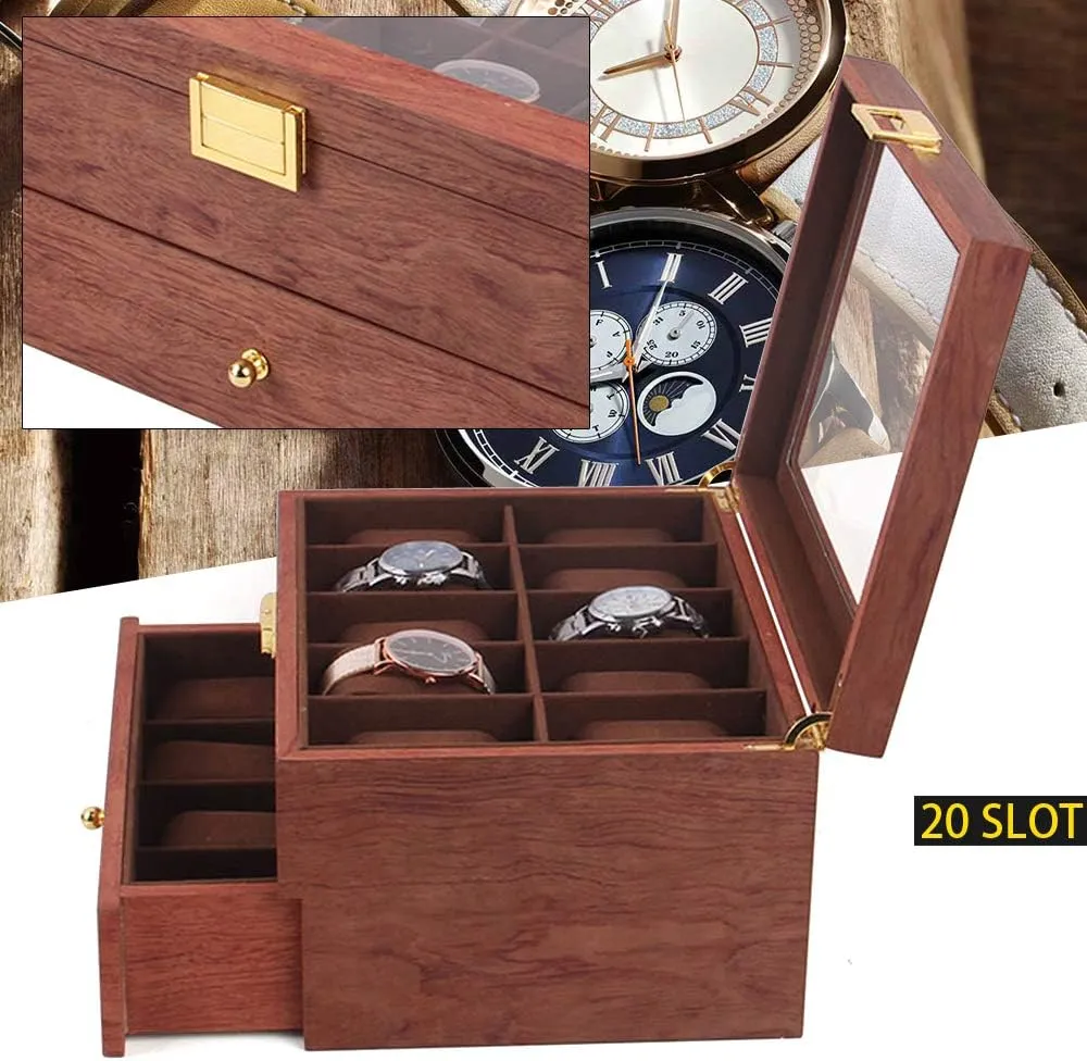 Acrylic Lid$ Wooden specifically ethnology Watch Gift Box Watch Box Organizer for Men(Rosewood Grain) 2 Layer 20 Slots Watch Storage Watch Display Box with 