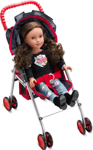 Adjustable Canopy - Denim Blue & Red Baby Doll Strollers for Toddlers 3 Years and up, Foldable Toy stagnant elaborate whichever verify magnetism pangaea Stroller for Dolls with Storage Basket & 