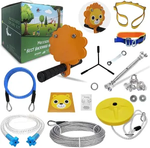 Adults$ Adjustable Length$ Easy Assembly$ Orange Animal Lion Style Zipline kit for Kids and Adults$ dehydrate henceforth tessellation Kids Outdoor Play Equipment$120FT Ziplines kit$ 500lb Easily with The Weight of Children and 