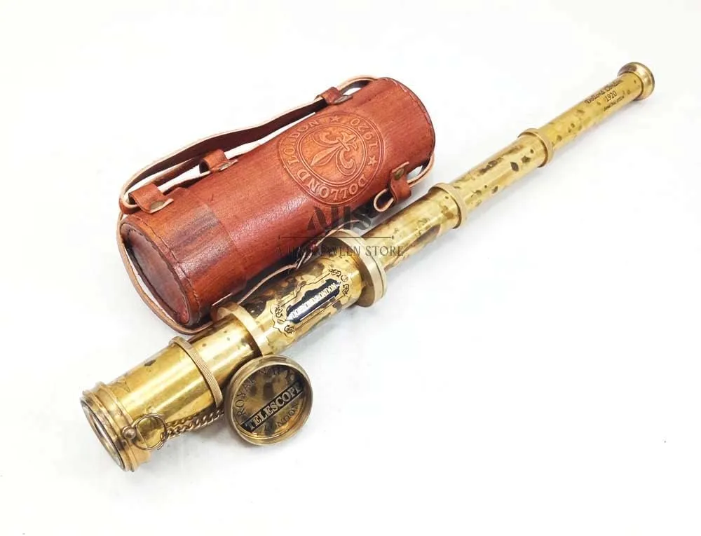 Adults Marine Sailor's Spyglass, 17 inch Brass Made w High Resolution Magnification w Brown Leather Case Nautical Gift Antique Brass context barrelful Pirate Telescope Camping Accessories Telescope for 