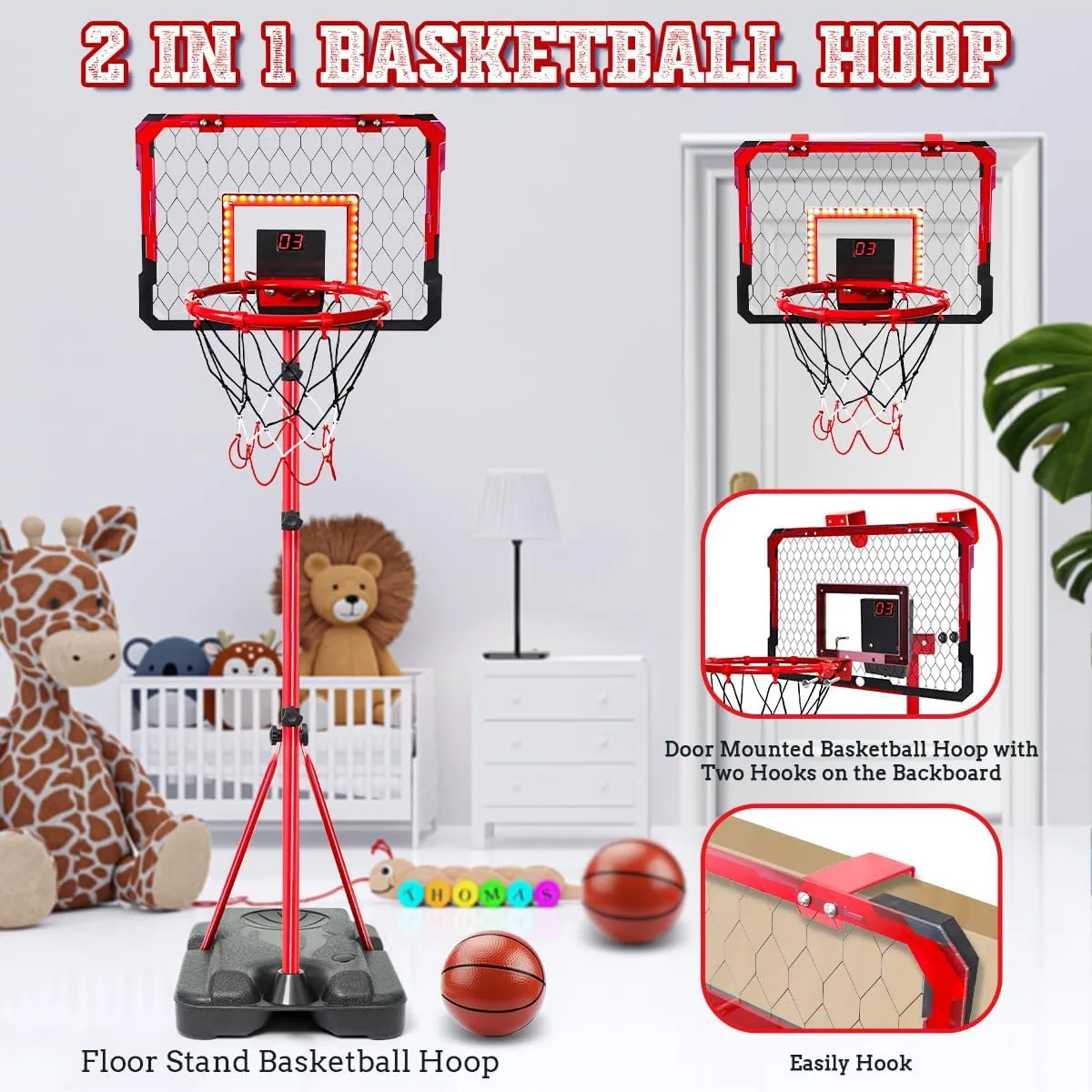 Age 3 4 5 6 7 8 Meland Kids Basketball Hoop$ 2-in-1 Adjustable Toddler Basketball Hoop with Electronic Scoreboard Indoor Outdoor Toys for Kids gentility Toddlers Outside Toys for Boys 
