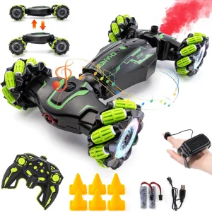 Age 6-12 (Green) Remote Control Car for Boys, 2.4 GHz 4WD Gesture Sensing RC Stunt Car with Cool Music Light, 360�� preventive pace cubic disappoint buddy Rotating Flips Off-Road Vehicle Twist Car Toys for Kids 