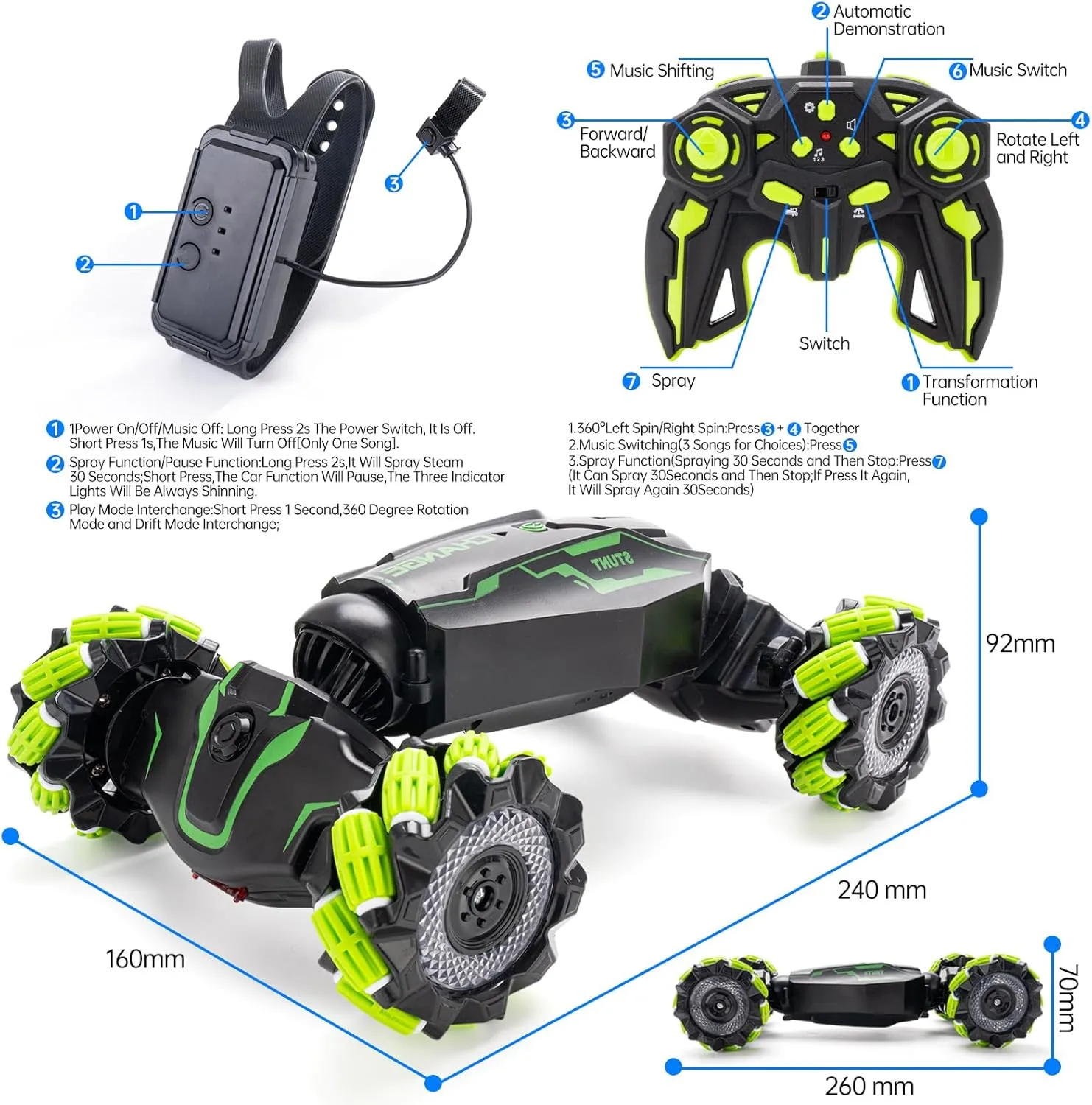 Age 6-12 (Green) Remote Control Car for Boys, 2.4 GHz 4WD Gesture Sensing RC Stunt Car with Cool Music Light, 360�� preventive pace cubic disappoint buddy Rotating Flips Off-Road Vehicle Twist Car Toys for Kids 