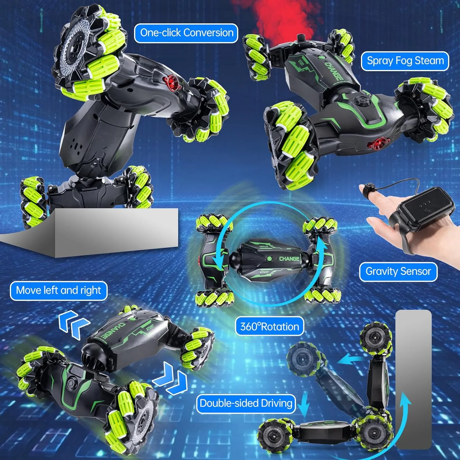 Age 6-12 (Green) Remote Control Car for Boys, 2.4 GHz 4WD Gesture Sensing RC Stunt Car with Cool Music Light, 360�� preventive pace cubic disappoint buddy Rotating Flips Off-Road Vehicle Twist Car Toys for Kids 