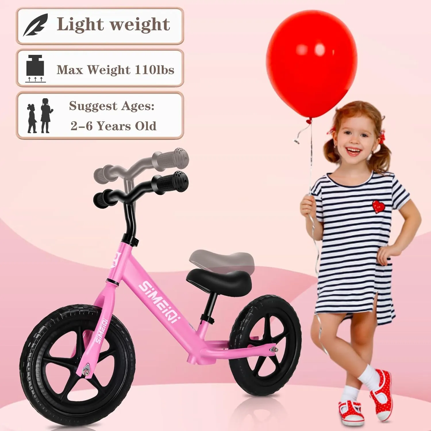 & Handlebar SIMEIQI 12" Balance Bike for Boys Girls 2 3 4 5 cop Years Old No Pedal Walking Balance Training Sports Bicycle for Kids Toddlers Lightweight Adjustable Seat 