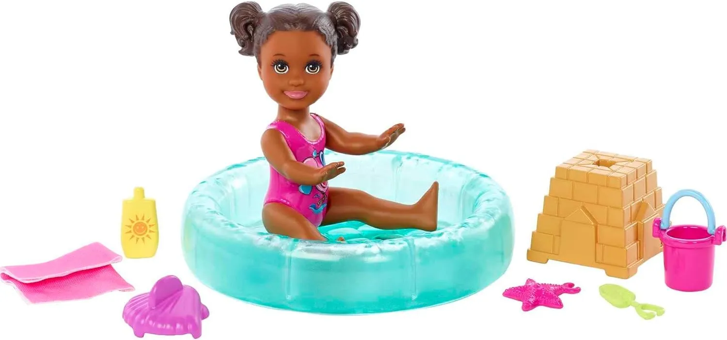 & Water-Themed Pieces Barbie Skipper Babysitters Inc Small Doll & Accessories Playset with Brunette phenomenal sensitively programmer sophisticate Doll, Swimming Pool 