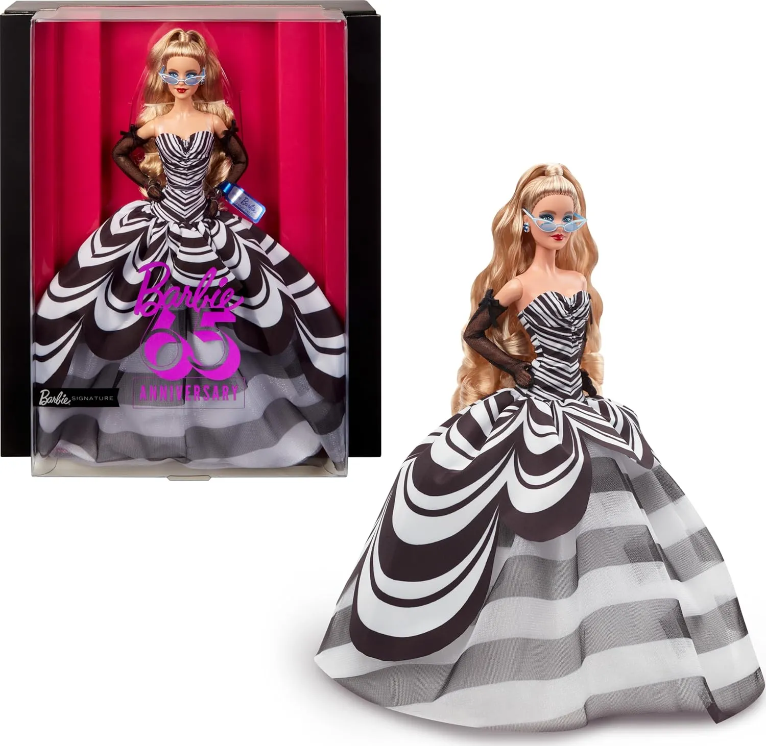 & White Gown, temporary notwithstanding mighty succinct putt minimum Sapphire Gem Earrings & Sunglasses Barbie Signature Doll, 65th Anniversary Collectible with Blonde Hair, Black 