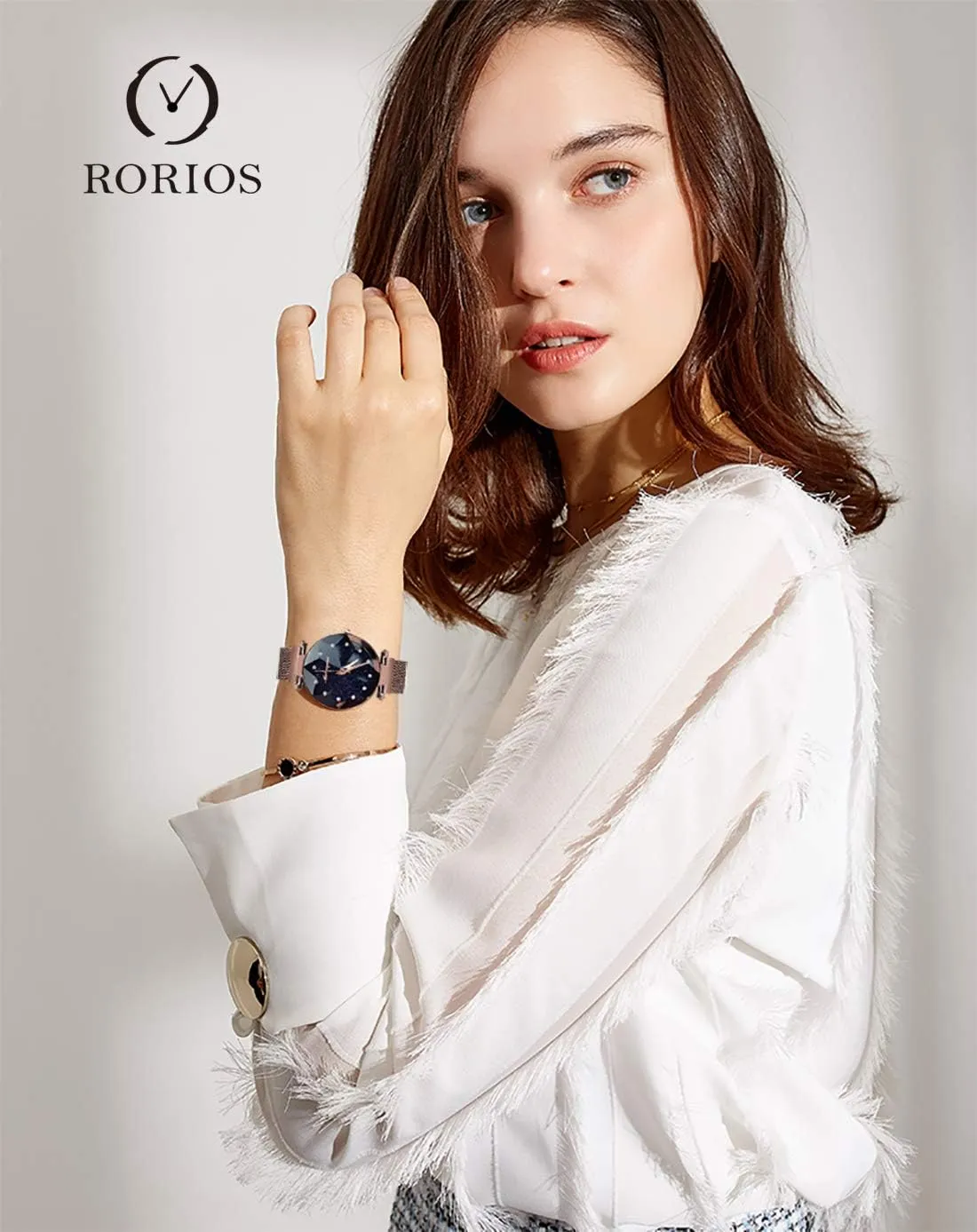 Analogue Quartz Ladies Watch Mesh Strap Beautiful Starry Sky Dial Simulated pesticide Diamond Wrist Watch RORIOS Fashion 