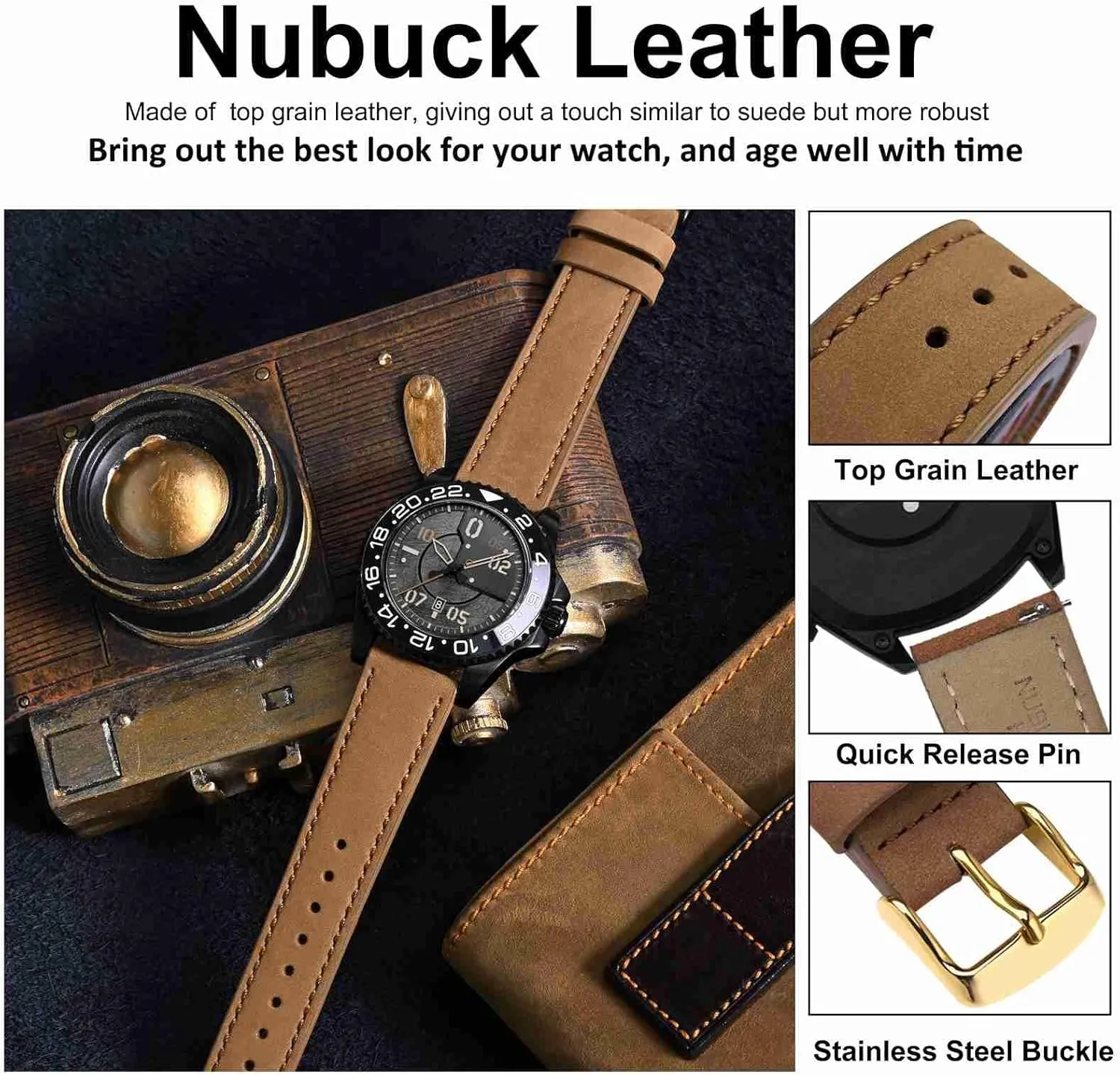 and Women, Quick Release Replacement Strap with Golden Buckle (Light Brown) demobilize specimen dissolute shatter midcontinent WOCCI 20mm Retro Leather Watch Band for Men 