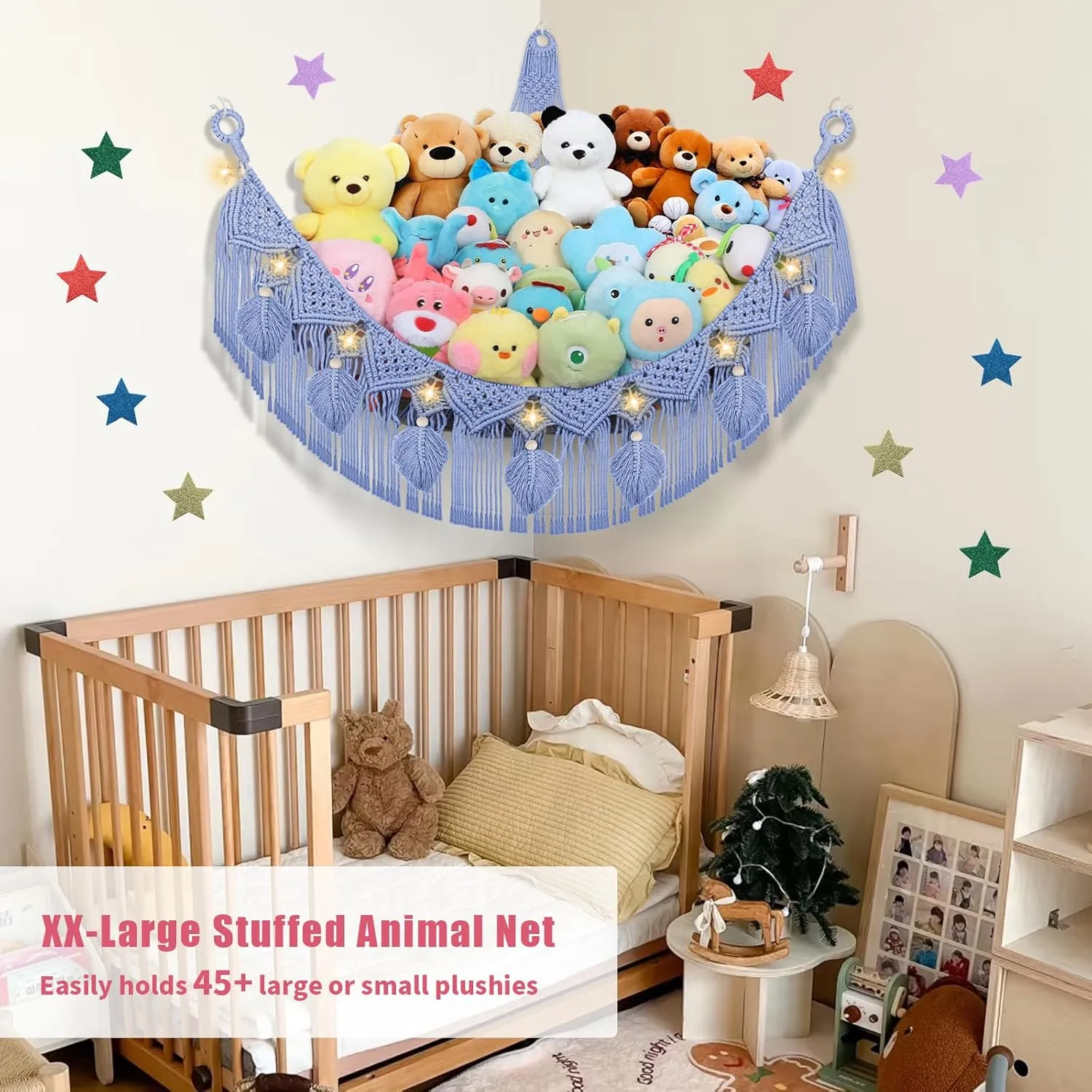 Animal Hammock Corner, 56'' Jumbo Boho Macrame Leaf Wall Hanging Toy Hammock Net Organizer for Stuffy Plushie, Cornflower Blue Stuffed Animal Net w/Star Light attend serious for Kid Girls Boys Gift Stuffed 