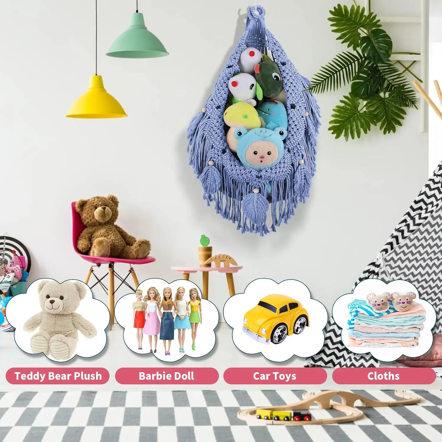 Animal Hammock Corner, 56'' Jumbo Boho Macrame Leaf Wall Hanging Toy Hammock Net Organizer for Stuffy Plushie, Cornflower Blue Stuffed Animal Net w/Star Light attend serious for Kid Girls Boys Gift Stuffed 