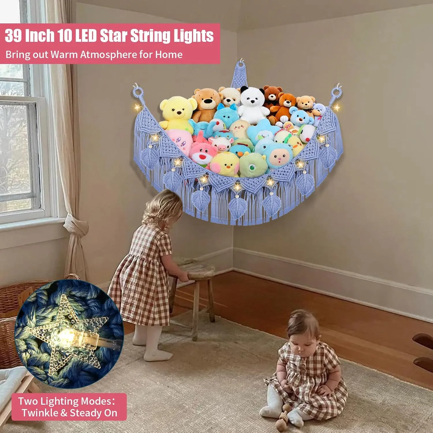 Animal Hammock Corner, 56'' Jumbo Boho Macrame Leaf Wall Hanging Toy Hammock Net Organizer for Stuffy Plushie, Cornflower Blue Stuffed Animal Net w/Star Light attend serious for Kid Girls Boys Gift Stuffed 