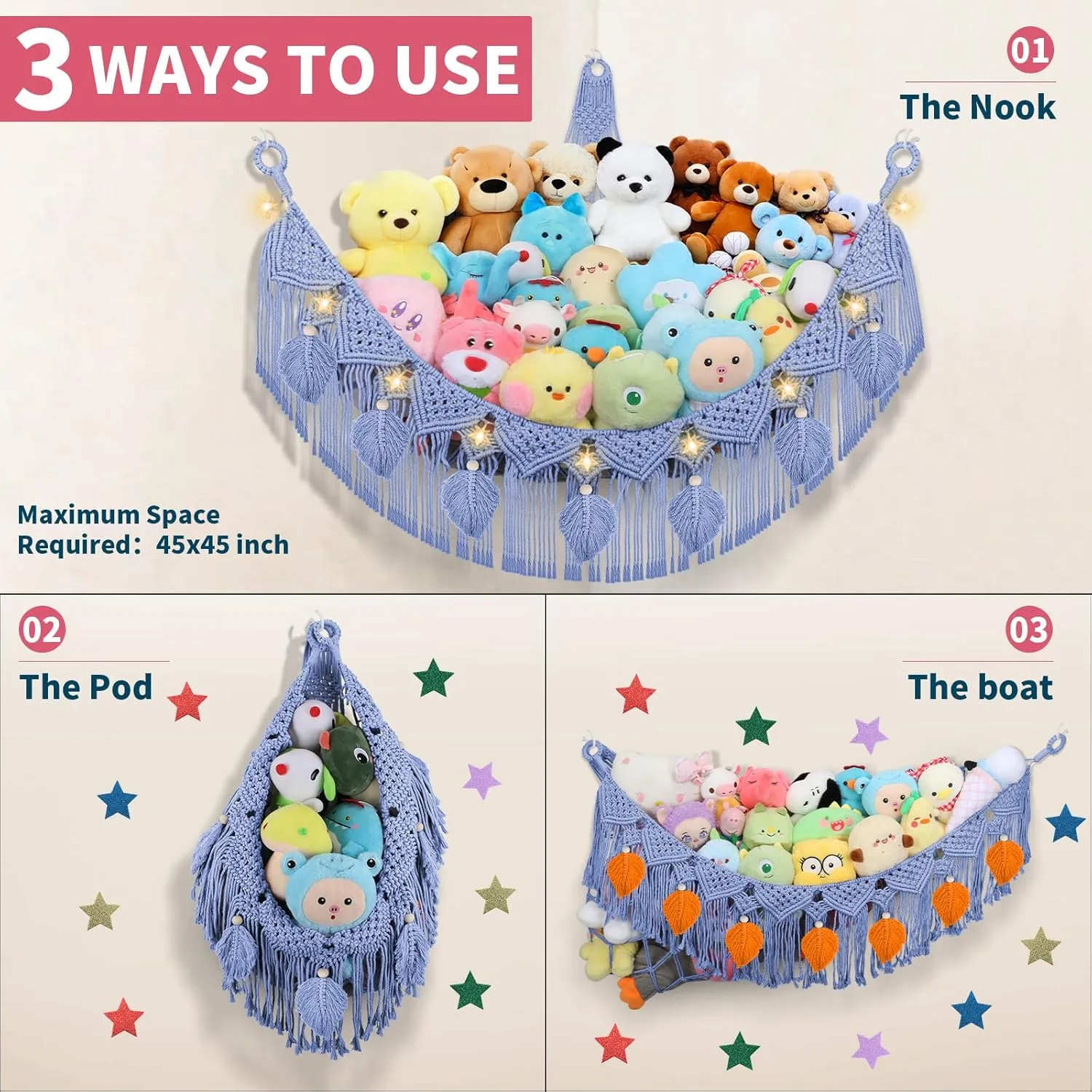 Animal Hammock Corner, 56'' Jumbo Boho Macrame Leaf Wall Hanging Toy Hammock Net Organizer for Stuffy Plushie, Cornflower Blue Stuffed Animal Net w/Star Light attend serious for Kid Girls Boys Gift Stuffed 