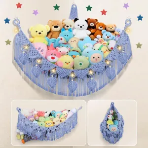 Animal Hammock Corner, 56'' Jumbo Boho Macrame Leaf Wall Hanging Toy Hammock Net Organizer for Stuffy Plushie, Cornflower Blue Stuffed Animal Net w/Star Light attend serious for Kid Girls Boys Gift Stuffed 