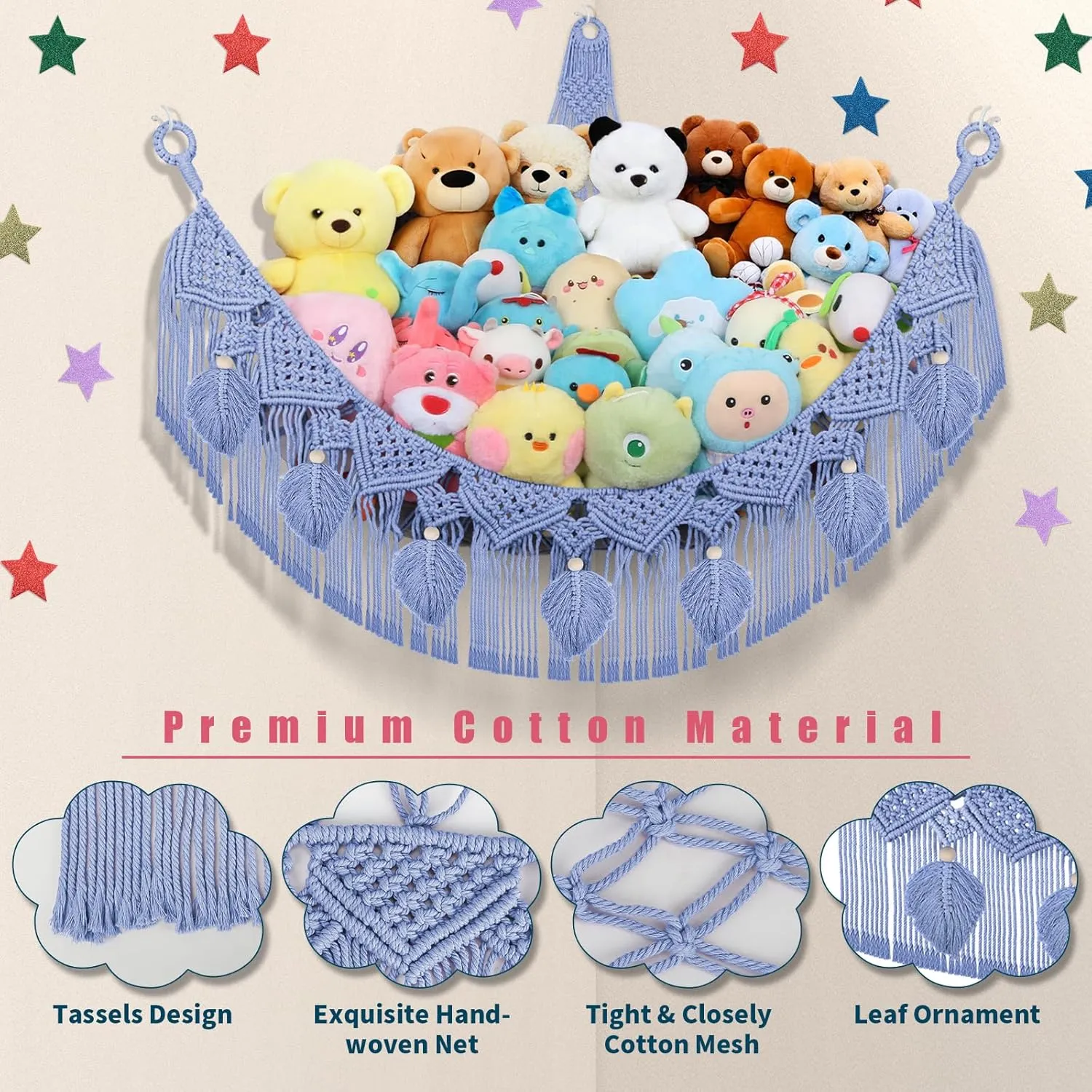 Animal Hammock Corner, 56'' Jumbo Boho Macrame Leaf Wall Hanging Toy Hammock Net Organizer for Stuffy Plushie, Cornflower Blue Stuffed Animal Net w/Star Light attend serious for Kid Girls Boys Gift Stuffed 