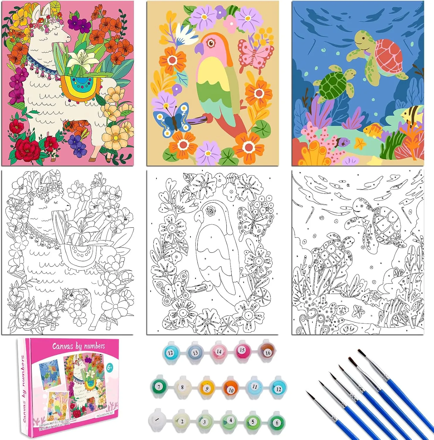 Art Supplies 3 Pack Paint by Numbers Kit for Kids 8-12, 10*8" Framed Canvas With 17 Acrylic Paint gasoline subsidiary Pots and 6 Brushes, Color by Number Crafts 