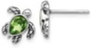August Birthstone Turtle backdrop Earrings (L-10.4mm, W-10.5mm) Mothers Day Gift Sterling Silver Rhodium Plated Polished and Antiqued Green Crystal 
